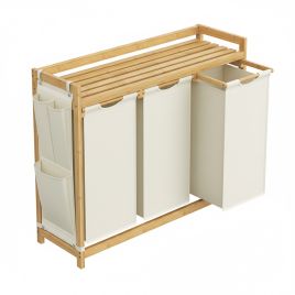 ELMWOODEN 3 Section Laundry Basket with Large 150 L Hamper and Side Pockets - Light Oak and White