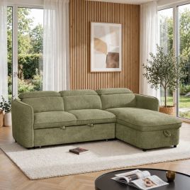 ELVAREN Fabric 3 Seater L Shaped Corner Sofa Bed - Green, Universal Facing