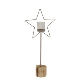 HERITAGE Large Natural Rustic Star On Wood Stand With Glass Votive - Multi Colour