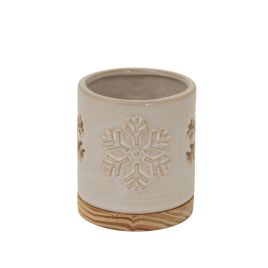 Alvo Ceramic Snowflake Candle Holder On Wood Base