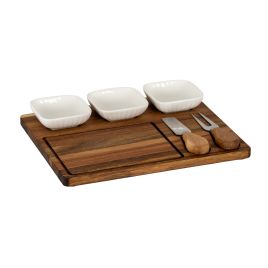 VALORE Cheese Board Set With White Ceramic Bowls And Cutlery - Oak Finish