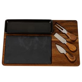 VALORE Cheese Board Set With Black Bowl, Slate and Cutlery - Oak Finish