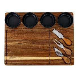 VALORE Cheese Board Set With Grey Ceramic Bowls and Cutlery - Oak Finish