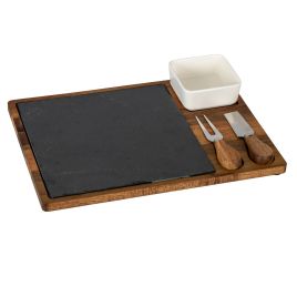 VALORE Cheese Board Set With White Bowl, Slate and Cutlery - Oak Finish