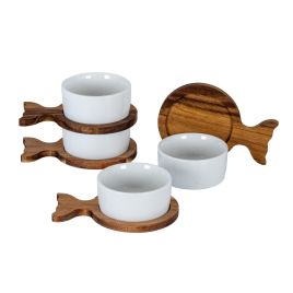 VALORE Set Of 4 Fishtail Serving Trays with Ceramic Bowls - Oak Finish