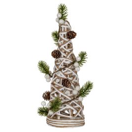 WEAVE Small LED White Rattan Cone Tree With Winter Branches - White