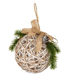 WEAVE Small LED White Rattan Bauble With Branches And Ribbon - White