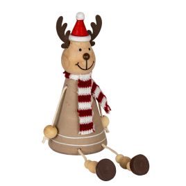 TIMBER Wooden Jolly Sitting Reindeer Decoration - Multi Colour