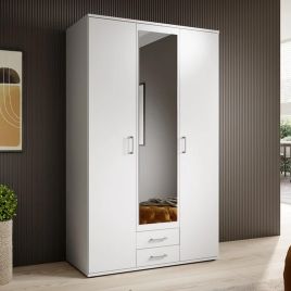 KEVIN 3 Door Mirrored Wardrobe with 2 Drawers White - 120cm