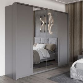KIRKLEES 2 Door Mirrored Sliding Wardrobe with 4 Drawers Grey - 256cm