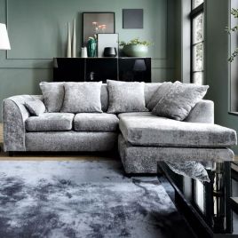 GILLIVER Crushed Chenille Fabric 4 Seater L Shaped - Right Hand Facing Corner Sofa - Light Grey