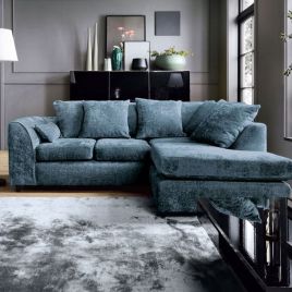 GILLIVER Crushed Chenille Fabric 4 Seater L Shaped - Right Hand Facing Corner Sofa - Dark Blue