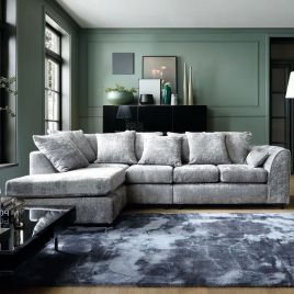 GILLIVER Crushed Chenille Fabric 5 Seater L Shaped - Left Hand Facing Corner Sofa - Light Grey