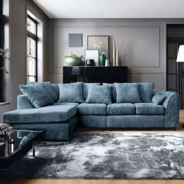 GILLIVER Crushed Chenille Fabric 5 Seater L Shaped - Left Hand Facing Corner Sofa - Dark Blue
