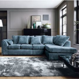 GILLIVER Crushed Chenille Fabric 5 Seater L Shaped - Right Hand Facing Corner Sofa - Dark Blue