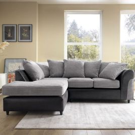 SPENCER Cord Fabric 4 Seater L Shaped - Left Hand Facing Corner Sofa - Grey and Black
