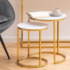 WINDALE Nest of 2 Tables with Marble Glass Top and Gold Base - White and Gold