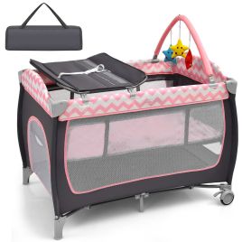 GLINTORA 3 in 1 Baby Playard Portable Infant Nursery Center with Toy Bar-Light Pink