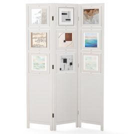 4-Panel Faux Linen Room Divider with Storage Bags Folding Privacy Screen-White