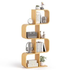 COLYIV S-Shaped Bookcase Bamboo Bookshelf with 2 Open Cubes-4-Tier