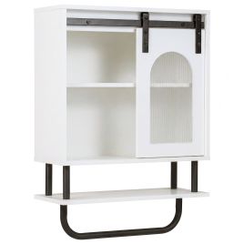 Bathroom Wall Cabinet with Sliding Barn Door and Metal Hanging Bar-White