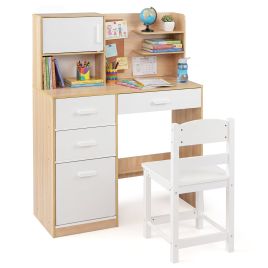 JOREX Kids Desk and Chair Set Study Table with Hutch Bulletin Board 3 Drawers-Natural