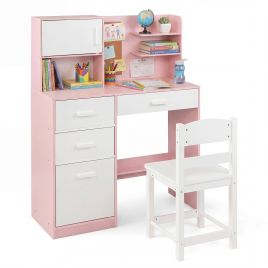 JOREX Kids Desk and Chair Set Study Table with Hutch Bulletin Board 3 Drawers-Pink