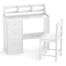 AVELON Kids Study Desk and Chair Set Wooden Children Writing Desk with Hutch-White