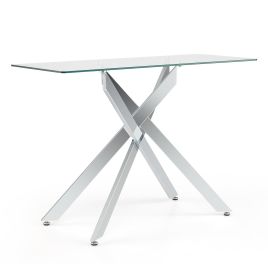 JORIN Modern Glass Console Table with Tempered Glass Top and Tubular Legs-Silver