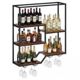 Wall Mounted Wine Rack 5-Tier with Glass Holders-Rustic Brown