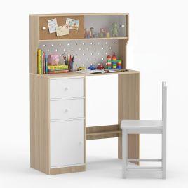 ZRIX Wooden Kids Study Desk and Chair Set with 2 Cabinets and Drawers-Natural
