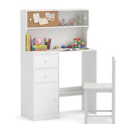 ZRIX Wooden Kids Study Desk and Chair Set with 2 Cabinets and Drawers-White