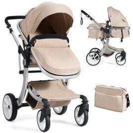 Foldable 2-in-1 Baby Stroller with Rain Cover and Mosquito Net - Beige