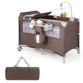 Toddler Bed - 5-In-1 Baby Bassinet Crib Bedside Sleeper Nursery Center-Brown