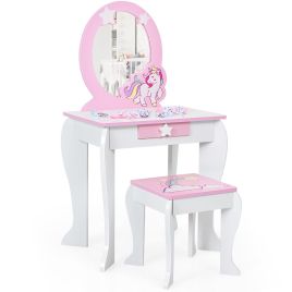 Kids Vanity Table and Chair Set with Mirror and Detachable Top - White