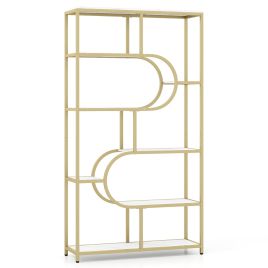 LENIX Industrial Bookcase with Open Shelves & Metal Frame-White & Gold