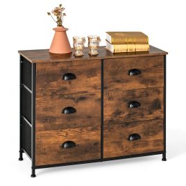 LOURDES Oak Finish Chest of Drawers - Medium-sized, 6 Fabric Drawers