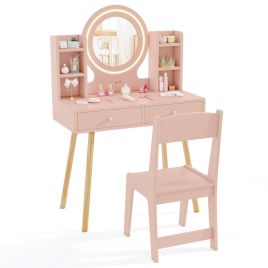 COIN Kids Princess Vanity Desk Set with 2-Color LED Lighted Acrylic Mirror-Light Pink
