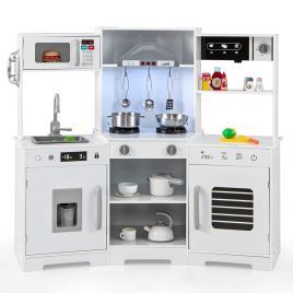 Kids Kitchen Toy - Wooden Pretend Play Kitchen with Real Sounds and Lights-White