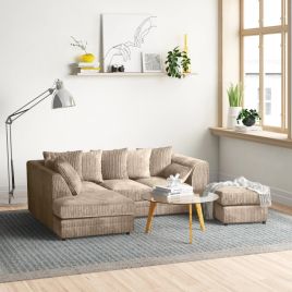MONA Jumbo Cord 4 Seater L Shaped - Left Hand Facing Corner Sofa with Footstool - Mink