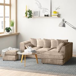 MONA Jumbo Cord 4 Seater L Shaped - Right Hand Facing Corner Sofa with Footstool - Mink