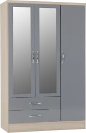NEWBIGGIN 3 Door Mirrored Wardrobe with 2 Drawers Grey Gloss with Light Oak - 116cm