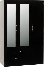 NEWBIGGIN 3 Door Mirrored Wardrobe with 2 Drawers Black Gloss - 116cm
