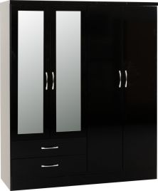NEWBIGGIN 4 Door Mirrored Wardrobe with 2 Drawers Black Gloss - 154cm