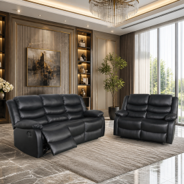 ASHBYNE Faux Leather 3 and 2 Seater Manual Recliner Sofa Set - Black