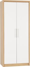 SELSEY 2 Door Wardrobe White High Gloss with Light Oak - 76cm