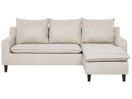 Corner Sofa Dark Beige Fabric Upholstery Dark Wood Legs Left Hand Chaise Lounge 3 Seater Pillow Back