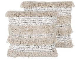 Set of 2 Decorative Cushions Beige Striped Pattern 45 x 45 cm with Tassels Boho Retro Decor Accessories