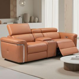 BREVELLO Leather 2 Seater Electric Recliner Sofa - Tan