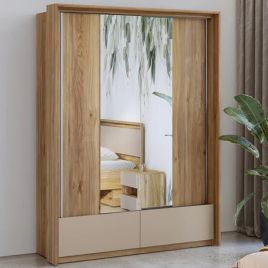 INGERSOLL 2 Door Mirrored Sliding Wardrobe with 2 Drawers Medium Oak - 159cm